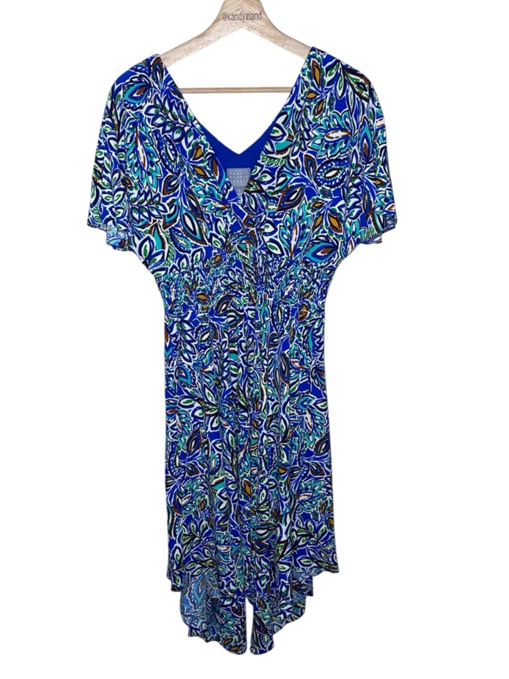 RABBIT RABBIT RABBIT Blue Green Smocked Waist Floral Dress with Flutter Sleeves